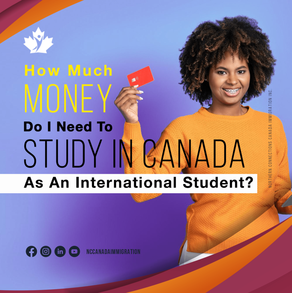 A smiling student holding a credit card with text about the cost of studying in Canada as an international student.