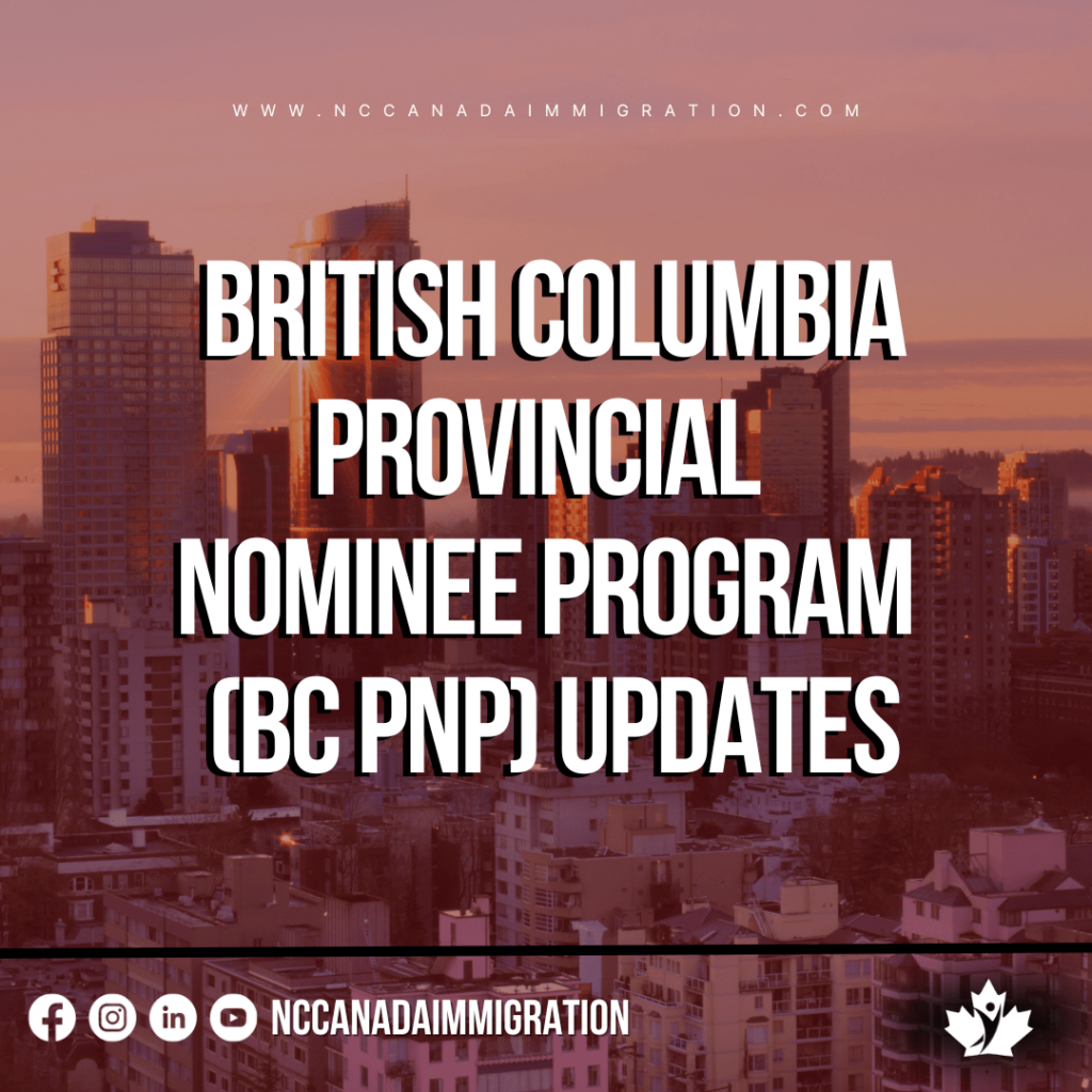 Promotional graphic for British Columbia Provincial Nominee Program updates, featuring the Vancouver skyline at dusk with social media icons.