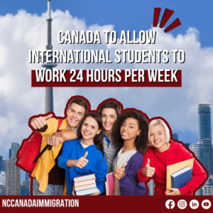 Graphic about Canada allowing international students with a study permit to work 24 hours per week, featuring happy students and the Toronto skyline with CN Tower.