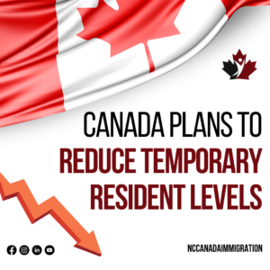 Canada aims to reduce temporary resident levels. An image features the Canadian flag, a downward-pointing arrow, and social media icons with the text 'NCCANADAIMMIGRATION'.