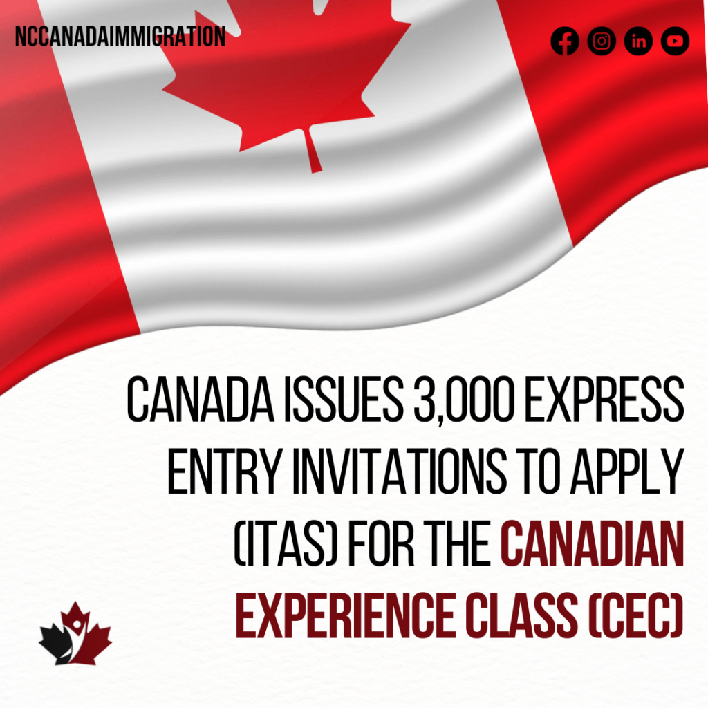 Image of a Canadian flag with the text: "Canada issues 3,000 Express Entry Invitations to Apply (ITAs) for the Canadian Experience Class." Social media icons included at the top right corner.