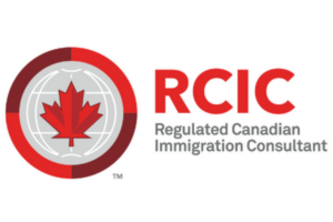 Logo for Regulated Canadian Immigration Consultant (RCIC) featuring a red maple leaf inside a red and gray circle, with the text "RCIC Regulated Canadian Immigration Consultant" to the right. Ideal for those looking to immigrate to Canada.