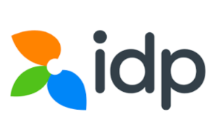 Logo showing three colorful leaves (orange, green, blue) arranged around a white dot, next to the text "idp" in lowercase black letters, symbolizing growth and the journey to immigrate to Canada.