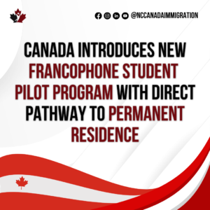 Promotional graphic announcing Canada's new Francophone Student Pilot Program, offering a direct pathway to permanent residence. The design features red and white elements and maple leaf motifs, highlighting this exciting opportunity for francophone students.