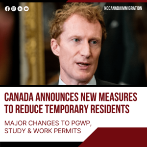 A man addresses the crowd at an event. Text reads: "Canada announces significant changes for 2024, focusing on reducing temporary residents. Major shifts in PGWP, study, and work permits are expected.