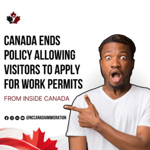 A man gestures towards a text announcing Canada's policy shift, which ends the allowance for visitors to apply for work permits from inside Canada. The image is accented with a Canadian flag element, underscoring this significant transition in visitor regulations.