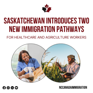 Graphic showcasing Saskatchewan's launch of two new immigration pathways, tailored for healthcare and agriculture workers, featuring vibrant images of a nurse and a farmer.