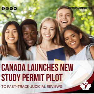 A diverse group of five smiling students holding notebooks illustrates the excitement as Canada launches its new study permit pilot, aimed at fast-tracking judicial reviews.