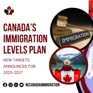 Canada's Immigration Levels Plan for 2025-2027 was unveiled, featuring images of a gavel marked "Immigration" and a person proudly holding a Canadian flag by the serene lake.