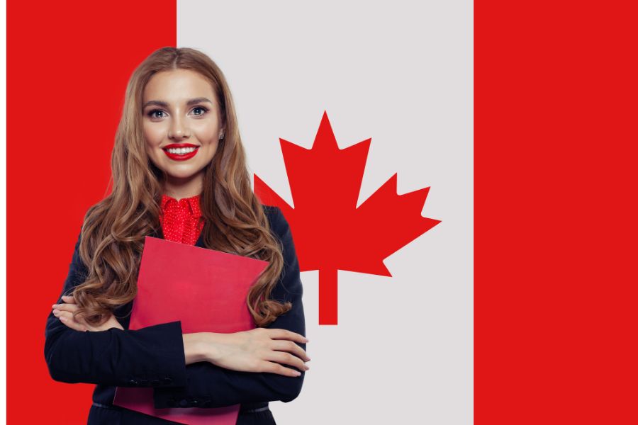 A woman holding a red folder stands in front of a Canadian flag backdrop, inviting you to work with us.