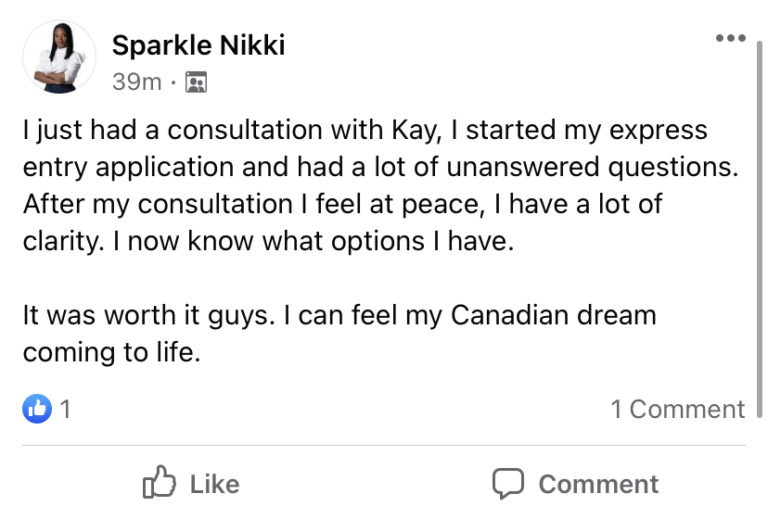 A Facebook post by Sparkle Nikki discussing a consultation with Kay about a Canadian express entry application, feeling at peace and having clarity about options.