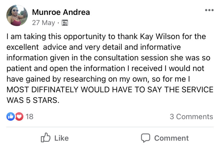 A Facebook post by Munroe Andrea, praising Kay Wilson for excellent advice and giving a 5-star service rating.