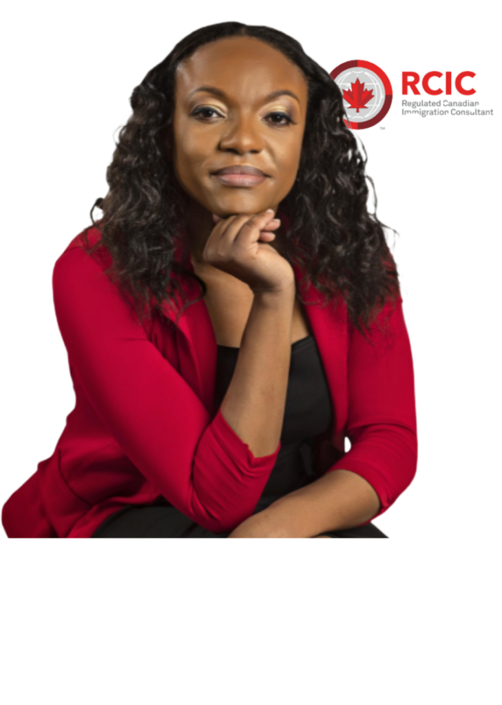 Woman in a red blazer, sitting with her hand on her chin. RCIC logo with a maple leaf is visible in the top right corner.