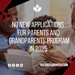 An elderly couple reads a book with a young child, symbolizing the cherished bond across generations. Please note, there are no new applications for the Parents and Grandparents Program in 2025. The Canadian immigration logo and social media icons are displayed.