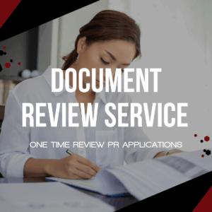 A woman reviews papers at a desk; text on the image reads "Document Review Service - One Time Review PR Applications" with a maple leaf icon, promoting expert Document Review Service for your PR applications.
