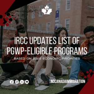 Three students sit on grass with laptops and notebooks. Text overlay reads: "IRCC updates PGWP-eligible programs to reflect 2025 economic priorities." NCCanadaImmigration branding shown.