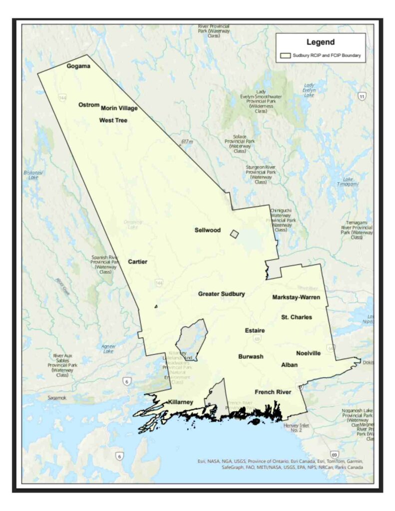 Map showing the Sudbury RCMP and FCP boundary region in Ontario, outlining areas including Greater Sudbury, Gogama, French River, and surrounding communities involved in the RCIP-FCIP 2025 Rural and Francophone Community Pilots.