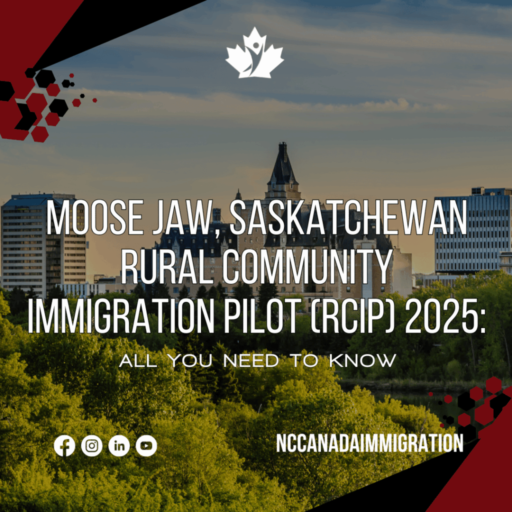 Skyline view of Moose Jaw, Saskatchewan, with text about the Saskatchewan RCIP 2025 and Moose Jaw immigration opportunities, plus NCCanadaImmigration social media icons.