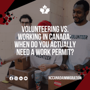 Three people in volunteer shirts sort donated items into boxes. Text overlay discusses the need for a work permit for volunteering versus working in Canada.